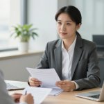 Doradca kredytowy analizujący dokumenty z klientem w warszawskim biurze